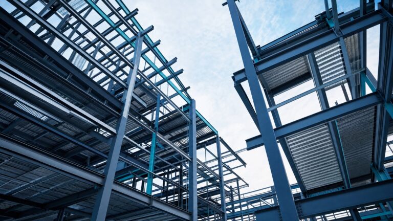 Steel structural frame viewed from below