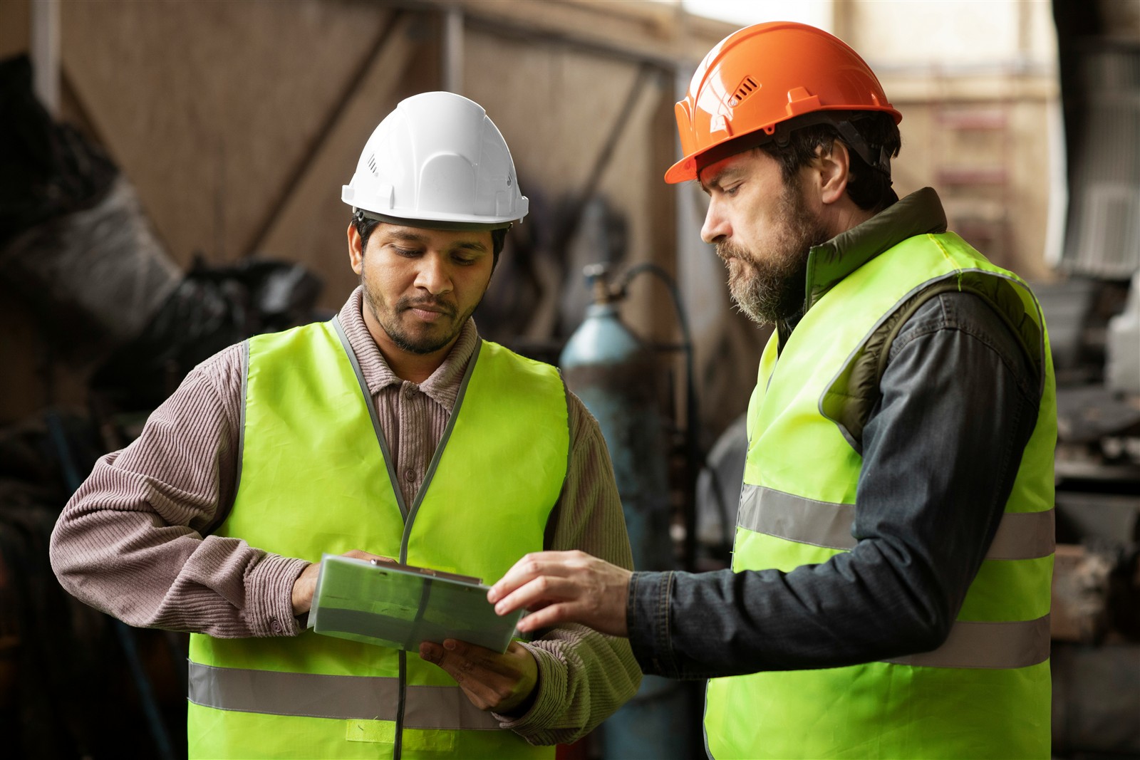Two engineers reviewing technical work together on an industrial site